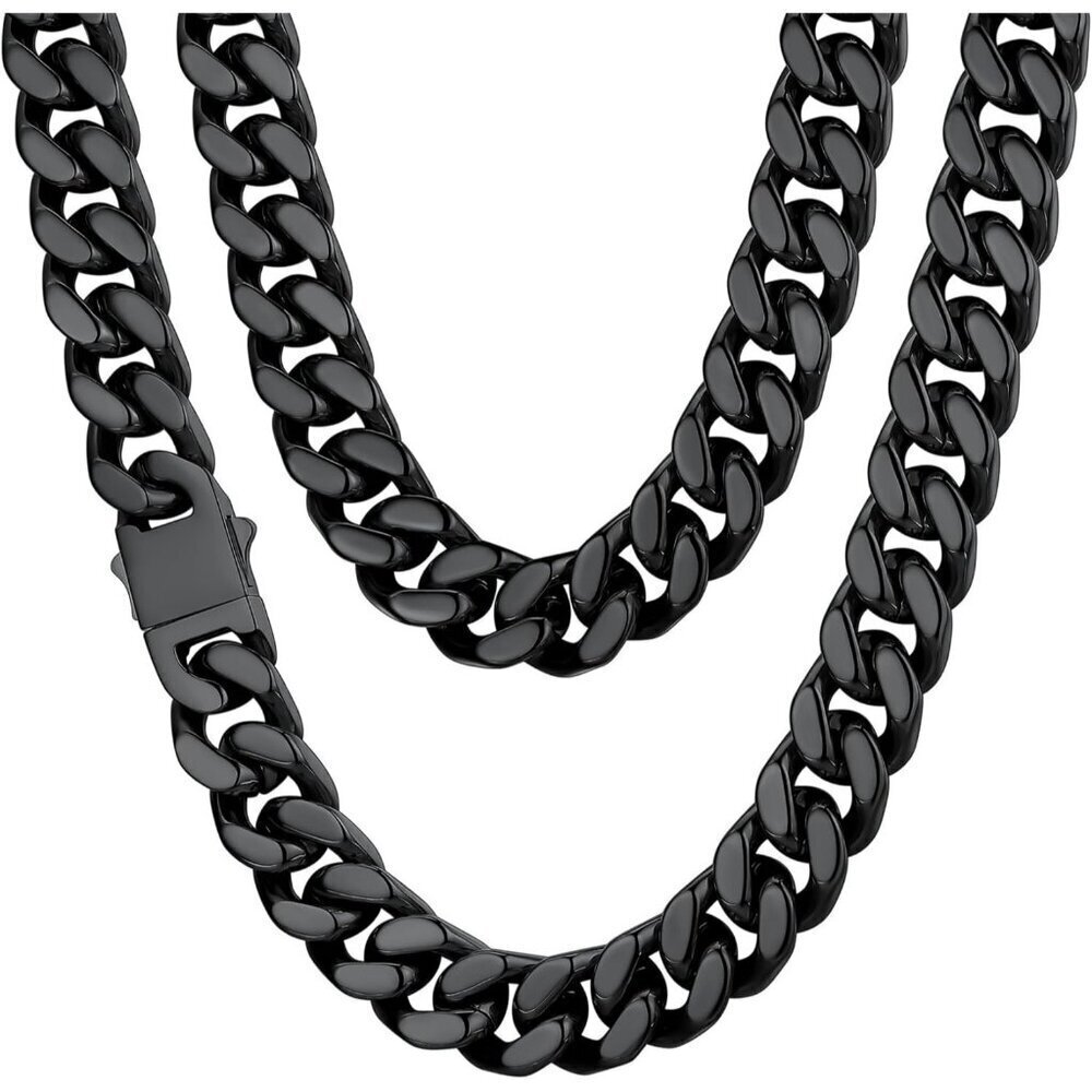 Men's 14mm Width Steel Black 18K Gold Plated Cuban Durable Hip Hop Chain Jewelry